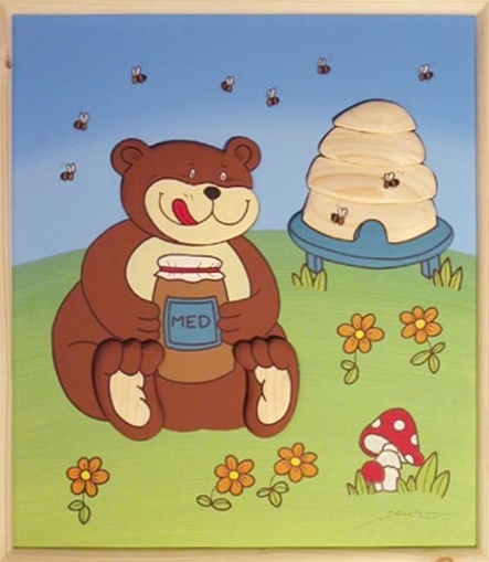 Ručně malovaný obraz s 3D dřevěným medvědem s medem