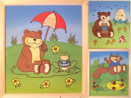 Fotogalerie: Ručně malovaný obraz s 3D dřevěným medvědem a žabkou